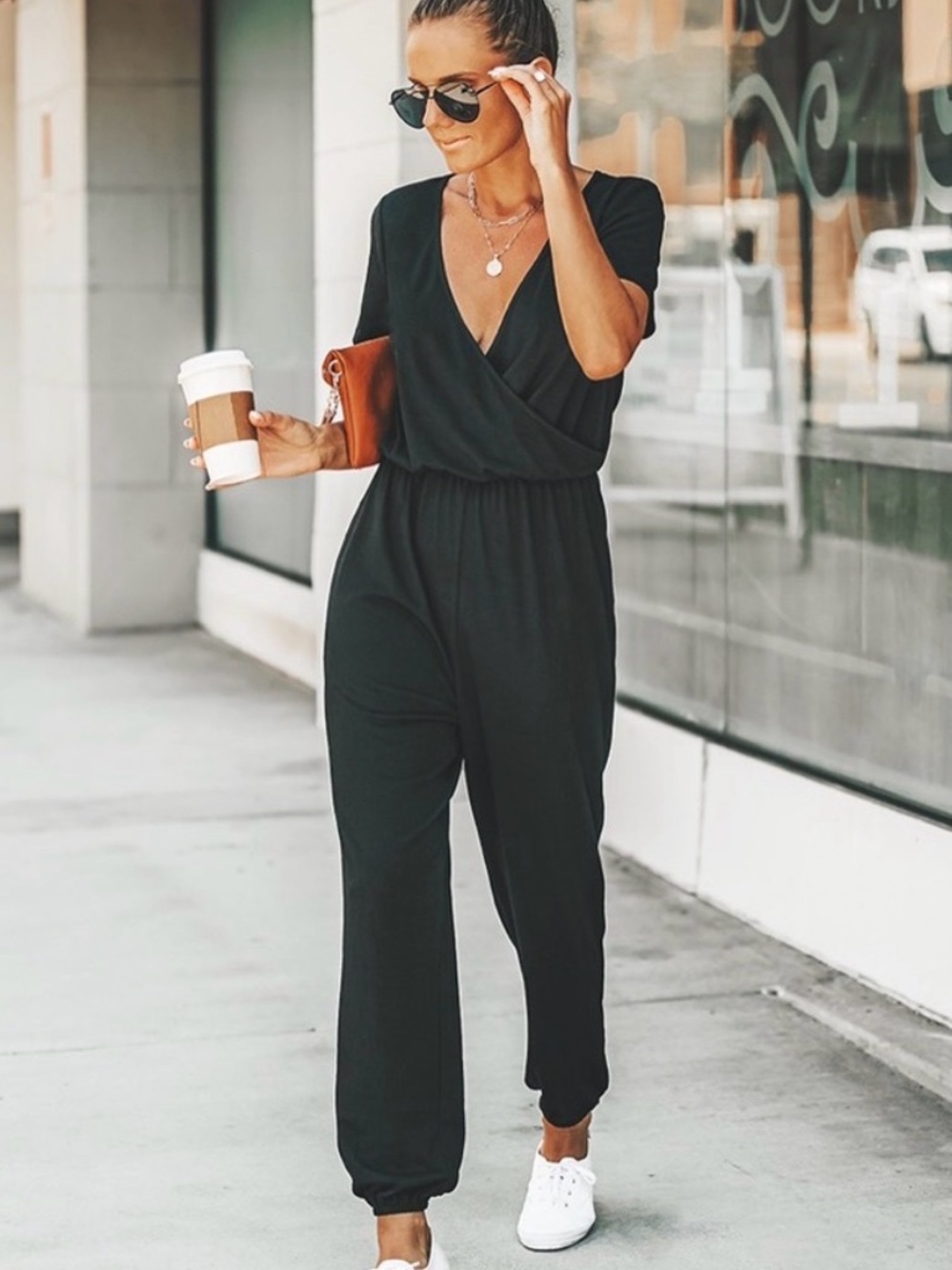Cupshe Black V-Neck Wrap-Front Jumpsuit